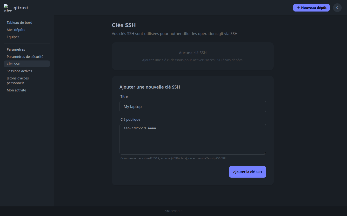 Page /settings/keys avec une clé ajoutée
