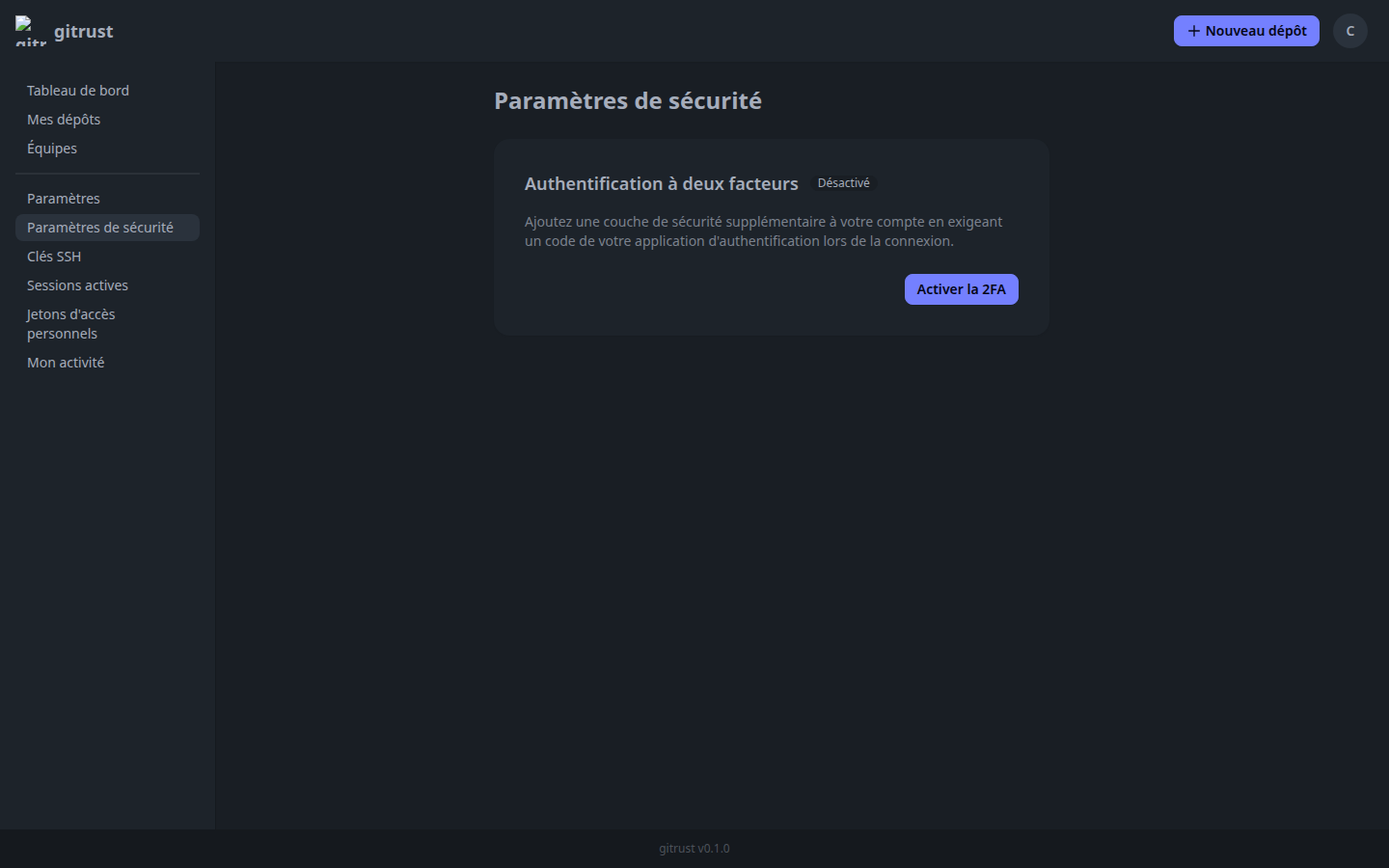 Page /settings/security avec la section 2FA