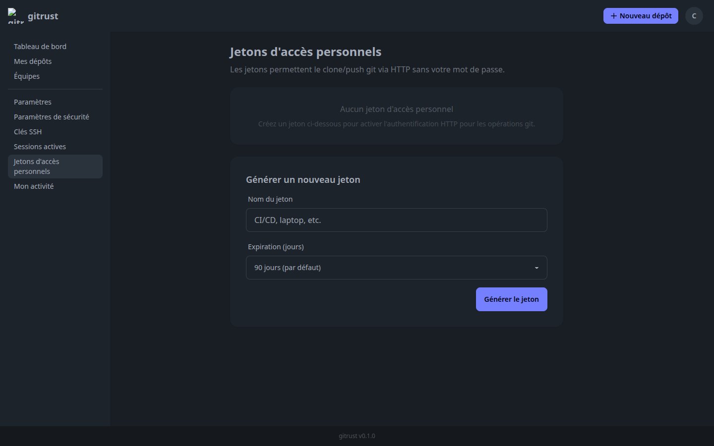 Page /settings/tokens