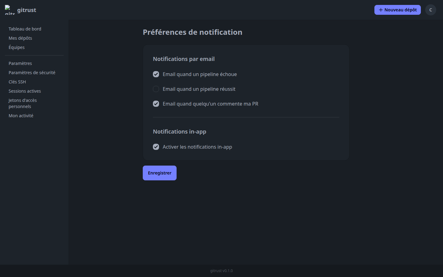 Page /settings/notifications avec les préférences